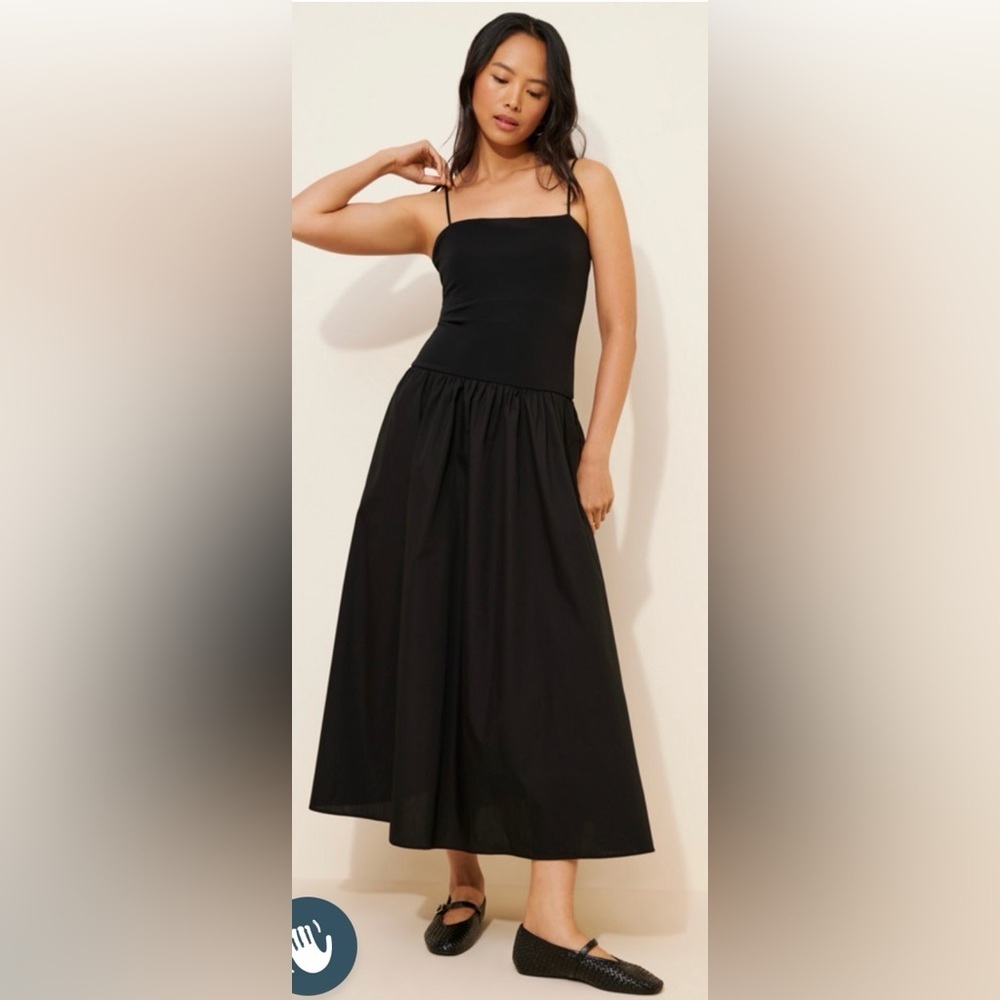 ANTHROPOLOGIE SQUARE-NECK TWOFER MIDI black DRESS size L summer lightweight